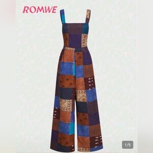 Patchwork Wide-Leg Jumpsuit in Brown & Blue